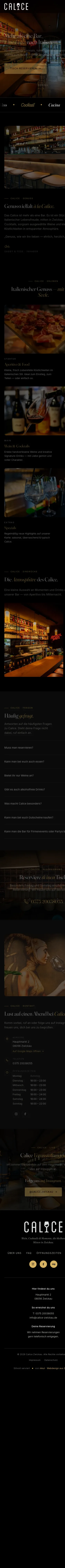 Mobil-Ansicht der Calice-Webseite: Hero, Aperitivo-Auswahl, Reservieren-Button
