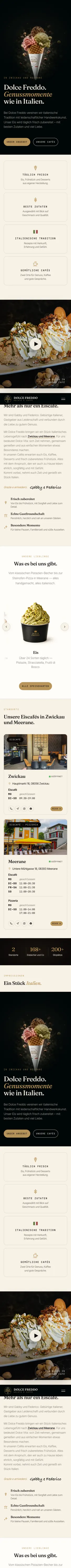 Mobil-Ansicht der Dolce-Freddo-Webseite: Hero mit Cone, Sortiment-Cards, Standort-Cards mit Live-Status