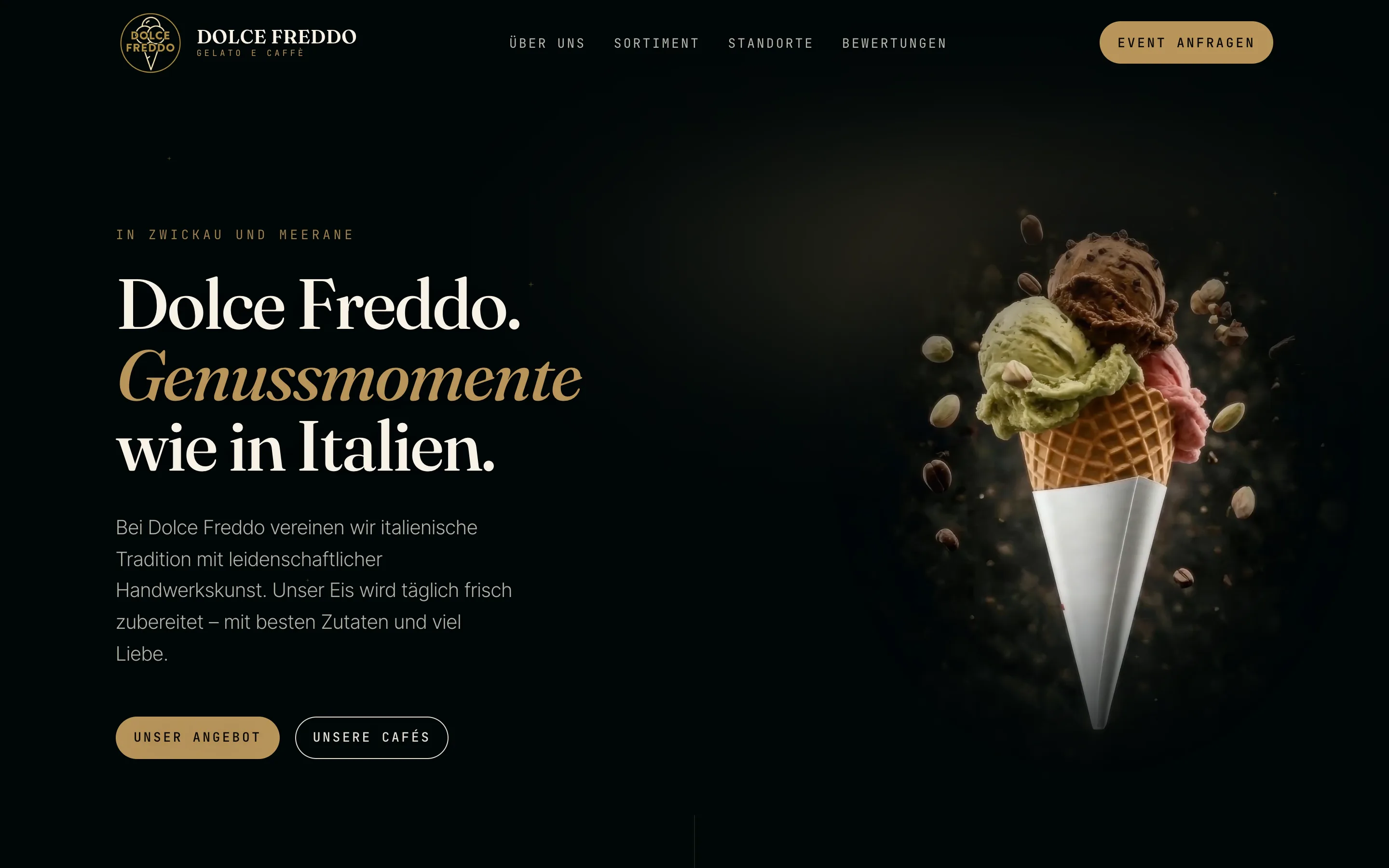 Dolce Freddo — drei Eis-Cafés in Zwickau und Meerane, 3D-Hero-Render, Listings-App pflegt alle Standorte, Lighthouse 94 Mobile