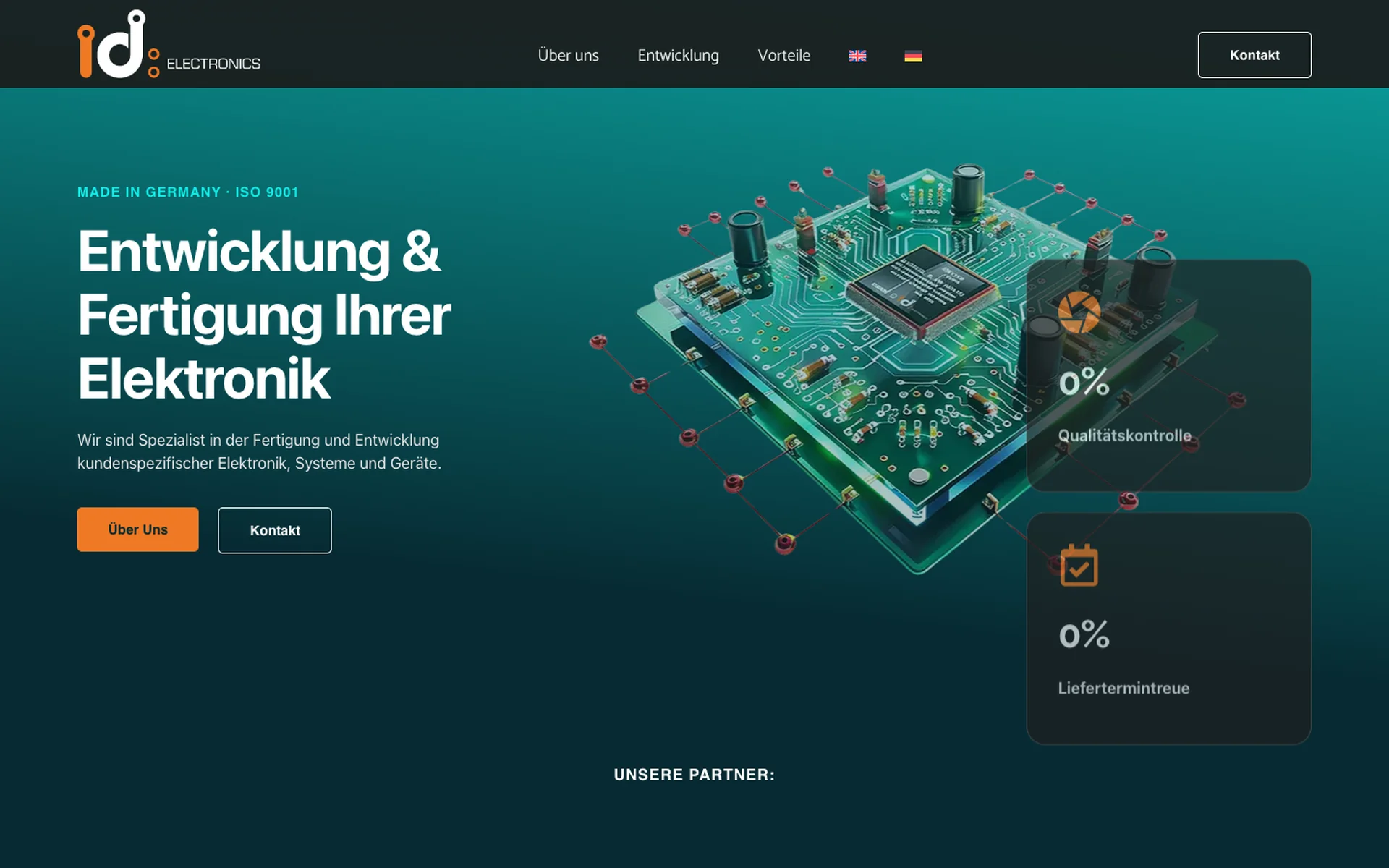 Live-Webseite ID Electronics: Hero mit Made-in-Germany-Eyebrow, Schaltplatinen-Visual, Stat-Cards für Qualitätskontrolle und Liefertermintreue, Partnerlogo-Reihe