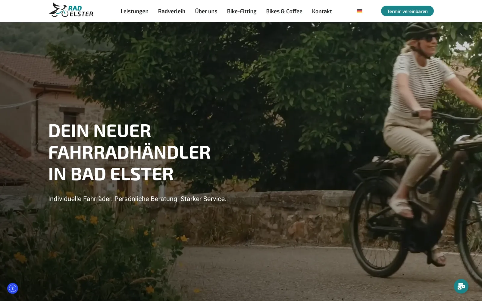 Live-Webseite RAD Elster: Hero mit Bike-Fitting-Bild, fünf Leistungen als Karten, Verleih-Sektion, Team und Reviews