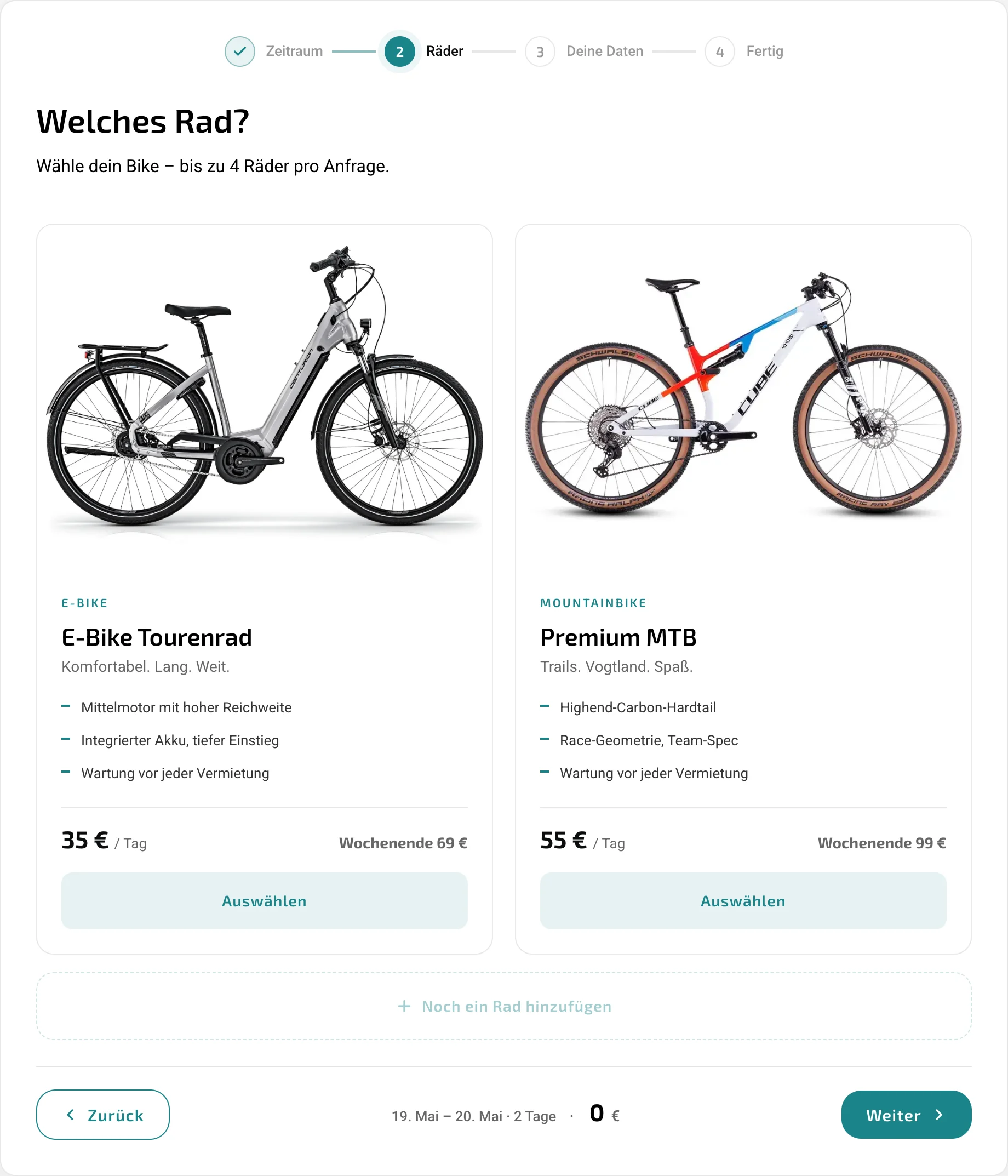 Schritt 2 des Wizards: zwei Bike-Cards nebeneinander mit Produktfotos, Preisen pro Tag und Wochenende, Konfigurieren-Button