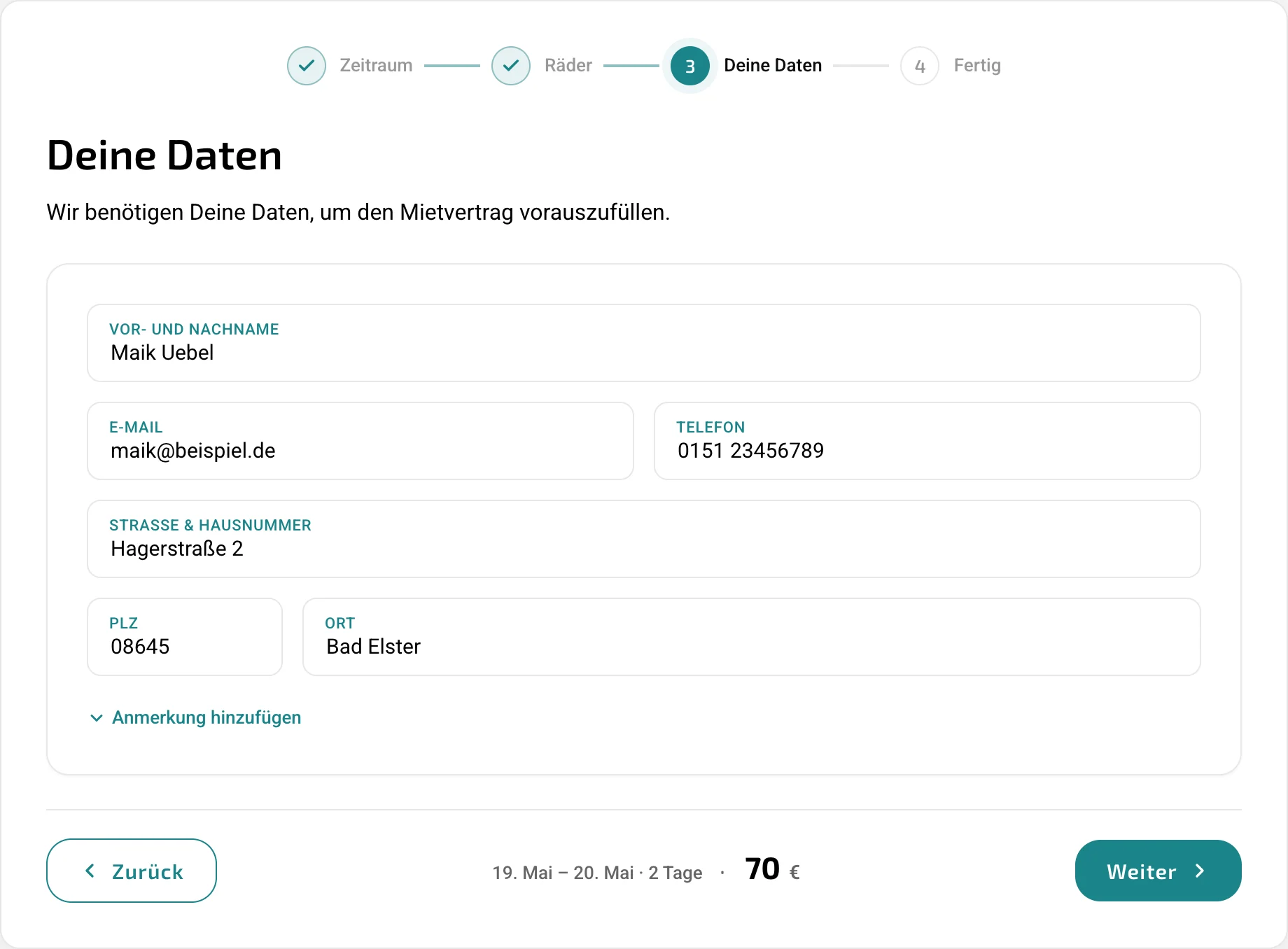 Schritt 3 des Wizards: strukturiertes Daten-Formular mit Name, E-Mail, Telefon, Anschrift