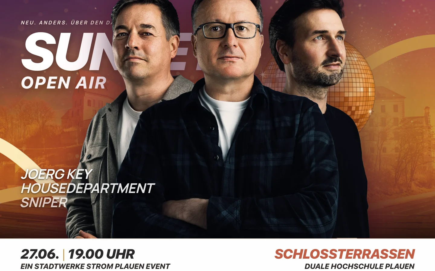 Sunset Open Air Plauen — Microsite für Open-Air-Event mit DJ-Trio und Disco-Kugel, editorial Plakat-Layout