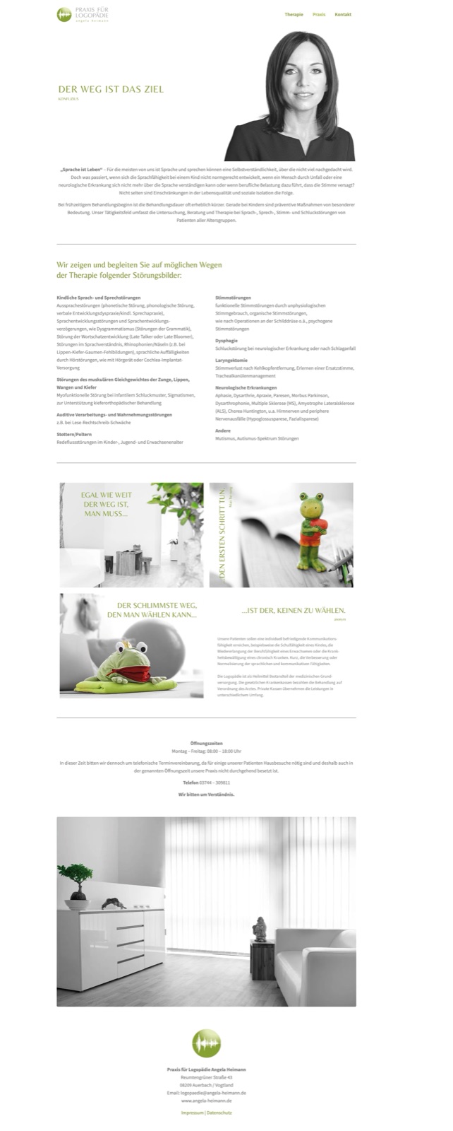 Alte Webseite Angela Heimann: schmale Spalten, kleine Schriften, Standard-Theme