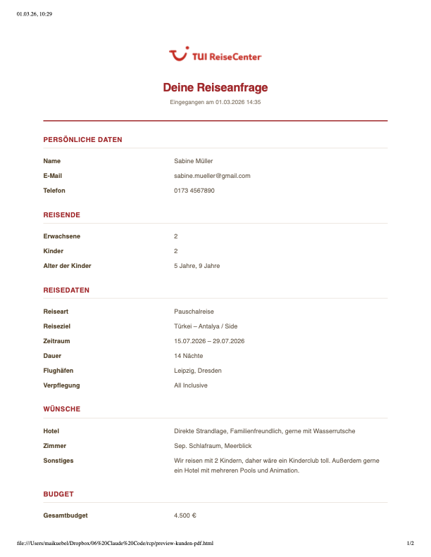 PDF-Preview Kunde: Bestätigung der Reiseanfrage