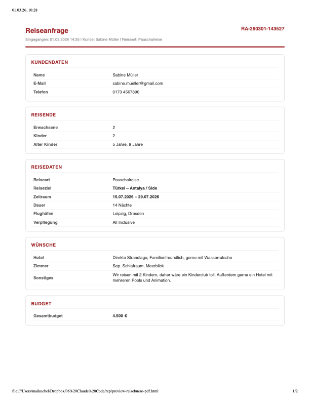 PDF-Preview Reisebüro: Detail-Anfrage für das Team