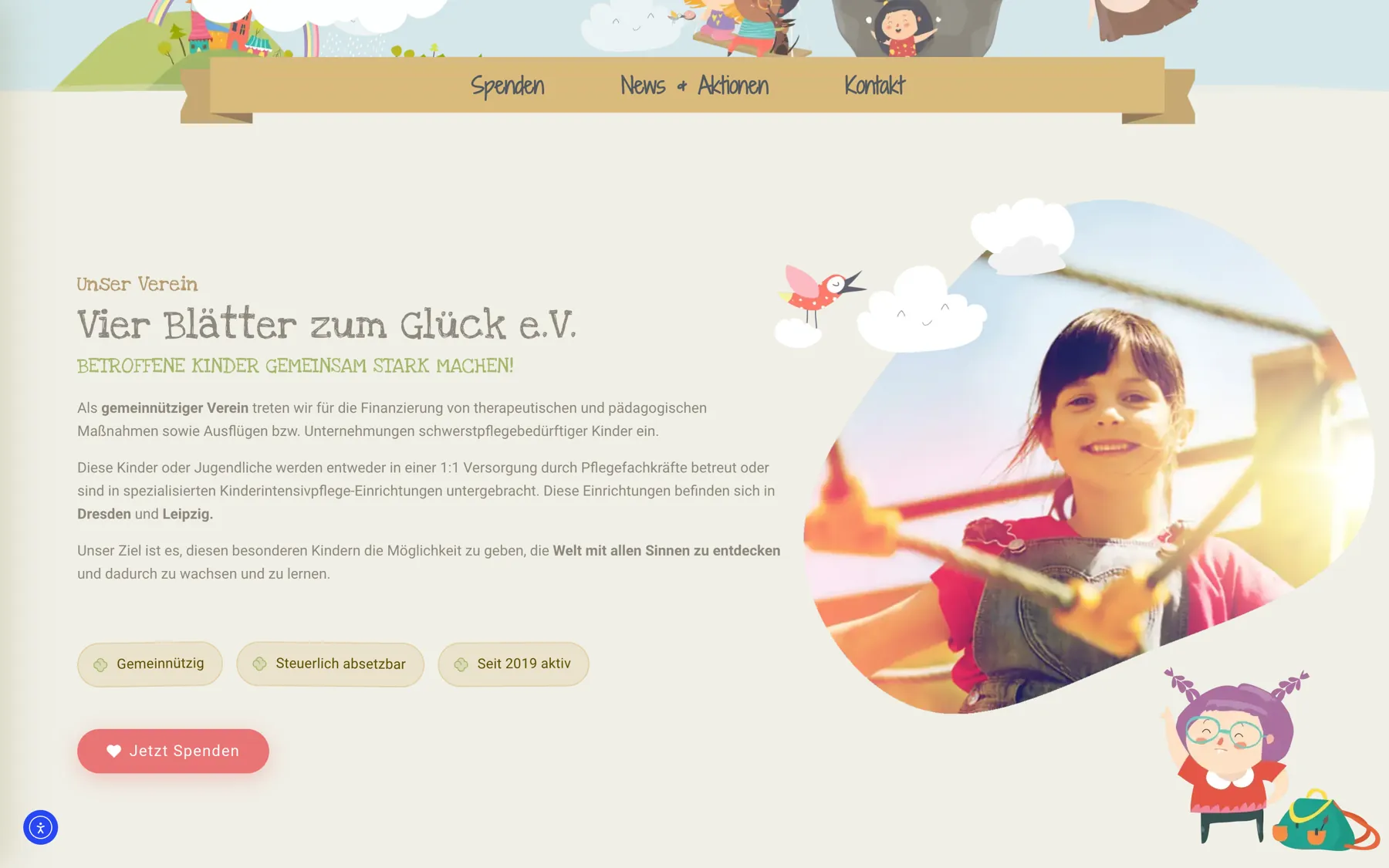Startseite auf Desktop: Kleeblatt-Illustration mit Baum, Wolken und Figuren