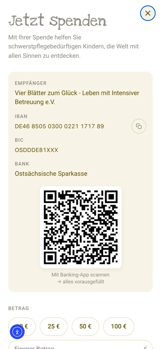 Spenden-Modal mit QR-Code und Betrags-Chips